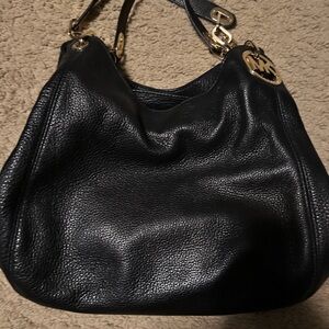 Michael Kors Black Pebbled Leather Hobo Shoulder Bag with Gold Hardware